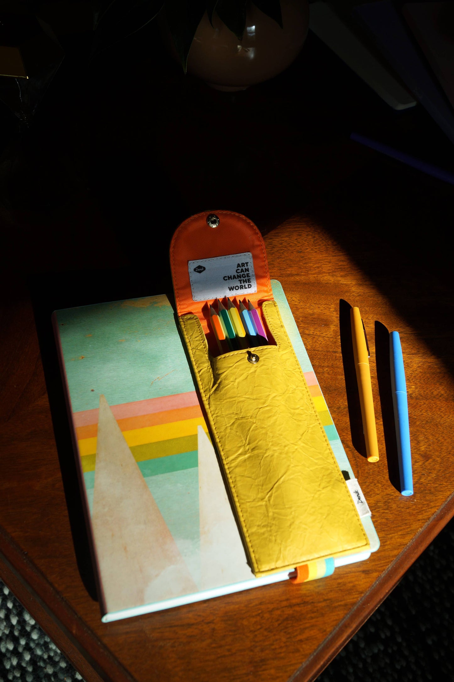 Yellow Leather Pen Pouch & Rainbow Strap