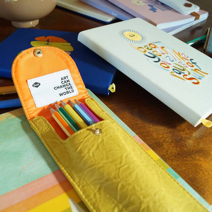 Yellow Leather Pen Pouch & Rainbow Strap